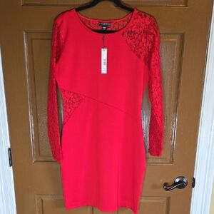 Metaphor-Red pullover knit fitted dress with lace sleeves Sz L NWT.